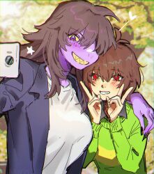 1girl 1other aegyo_sal ahoge black_nails blurry blurry_background breasts brown_hair chromatic_aberration collared_jacket colored_sclera colored_skin commentary_request deltarune double_w fingernails freckles furry furry_female green_sweater grin hair_flaps hair_over_eyes hair_over_one_eye hair_over_shoulder hand_on_another&#039;s_shoulder hands_up heads_together heart highres holding holding_phone jacket kris_(deltarune) long_hair long_sleeves looking_at_phone medium_breasts nail_polish no_pupils one_eye_covered open_clothes open_jacket outdoors phone purple_eyes purple_jacket purple_skin red_eyes reptile_girl se_(hanahide) sharp_fingernails sharp_teeth shirt short_hair smile star_(symbol) striped_clothes striped_sweater susie_(deltarune) sweater teeth tree two-tone_sweater upper_body w white_shirt yellow_sclera yellow_sweater yellow_teeth