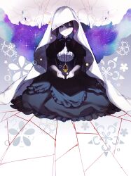2girls absurdres akemi_homura akemi_homura_(black_dress) black_dress black_hair dress expressionless frilled_dress frills full_body gloves grief_seed highres kaname_madoka looking_at_viewer mahou_shoujo_madoka_magica mahou_shoujo_madoka_magica:_hangyaku_no_monogatari multiple_girls out_of_frame risheng_yueyin solo_focus sparkle straight-on ultimate_madoka veil white_dress white_gloves