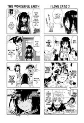 10s 1boy 4koma 5girls black_hair blush cat comic dango food from_side glasses greyscale hair_ornament hard-translated kitten kotegawa_yu kotegawa_yui long_hair maid maid_cafe master_nemesis monochrome multiple_girls non-web_source official_art sawada_mio sidelocks speech_bubble talking text_focus third-party_edit to_love-ru to_love-ru_darkness translated twintails upper_body wagashi yabuki_kentarou