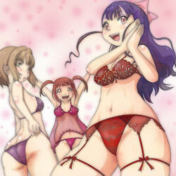 3girls arms_up ass blush bow bow_bra bra breasts brown_eyes brown_hair cleavage collarbone fangs from_behind garter_belt garter_straps hair_bow kujou_ume lace lace-trimmed_bra lace_trim lingerie long_hair looking_at_viewer looking_back medium_breasts multiple_girls navel negligee open_mouth own_hands_together panties panty_tug pink_background pink_bow pink_bra pink_eyes pink_negligee pink_panties purple_bra purple_hair purple_panties red_bow red_bra red_hair red_panties saeki_hina short_hair smile standing t_jiroo_(ringofriend) teeth thigh_strap tokyo_7th_sisters twintails underwear wanibuchi_emoko