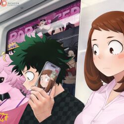 Rule 34 | 1boy, absurdres, ashido mina, black hair, black sclera, blush stickers, boku no hero academia, breasts, brown eyes, brown hair, checkered clothes, checkered shirt, cleavage, collarbone, collared shirt, colored sclera, colored skin, commentary, dismaiden, dress shirt, english commentary, freckles, green hair, hagakure toru, hand up, haneyama kazuho, highres, holding, holding phone, indoors, large breasts, looking down, man looks at himself on someone&#039;s phone (meme), medium hair, meme, midoriya izuku, multiple girls, patreon logo, patreon username, phone, pink hair, pink shirt, pink skin, shirt, short hair, train interior, uraraka ochaco, vigilante -boku no hero academia: illegals-, yaoyorozu momo, yellow eyes