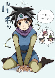 Rule 34 | 1girl, 4girls, absurdres, belt, between legs, black eyes, black hair, black hat, blue background, blue dress, blush, boots, breasts, brown belt, brown footwear, brown gloves, cape, circlet, commentary, confused, crying, crying with eyes open, dazed, dragon quest, dragon quest iii, dress, drooling, empty eyes, flipped hair, flying sweatdrops, full body, gloves, green leggings, green ribbon, green shirt, hair bobbles, hair ornament, haldeco, hand between legs, hat, hat ribbon, head tilt, helmet, heroine (dq3), highres, leggings, long sleeves, mage (dq3), martial artist (dq3), multiple girls, o o, on ground, open mouth, own hands together, parted lips, pink helmet, purple cape, purple hair, raised eyebrows, ribbon, roto (dq3), saliva, shirt, short hair, short twintails, shouting, silver circlet, simple background, sitting, small breasts, solo focus, speech bubble, spiked hair, spoken character, squeans, surprised, tears, tomboy, twintails, v arms, very short hair, wariza, warrior (dq3), wavy mouth, winged helmet, witch hat