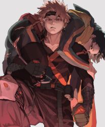 Rule 34 | 2boys, ass, bakugou katsuki, belt, bleeding, blonde hair, blood, bodysuit, boku no hero academia, cape, carrying, carrying over shoulder, carrying person, cut (nifuhami 35), cuts, freckles, green bodysuit, green eyes, green hair, highres, hood, hooded bodysuit, injury, long sleeves, looking at viewer, male focus, midoriya izuku, multiple boys, muscular, muscular male, pants, red eyes, short hair, simple background, spiked hair, superhero costume, thick thighs, thighs, torn, torn clothes, torn mask, torn pants, utility belt, white background, yellow cape