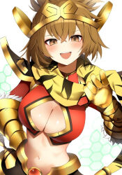 1girl animal_print breasts brown_eyes brown_hair cleavage crop_top gauntlets kuu_(nyanko_daisensou) large_breasts looking_at_viewer midriff navel nyanko_daisensou pepushi_drow ponytail red_shirt scarf shirt short_hair simple_background smile solo tiger_print upper_body white_background yellow_scarf