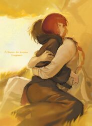 1boy 1girl arashiko_falcom black_robe blunt_bangs braid brown_hair covered_face english_text fata_morgana_no_yakata feet_out_of_frame highres hooded_robe hug jacopo_bearzatti long_hair morgana_(fata_morgana_no_yakata) outdoors red_hair robe spoilers twin_braids yellow_eyes