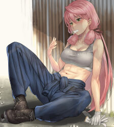 Rule 34 | 1girl, akashi (kancolle), arm support, blue overalls, breasts, fanning self, gloves, green eyes, grey sports bra, hair ribbon, highres, holding, holding gloves, holding unworn clothes, hot, ice cream bar, kantai collection, kokuzou, large breasts, long hair, overalls, pink hair, ribbon, sitting, solo, sports bra, sweat, tied overalls, toned, tress ribbon, unworn gloves, white gloves