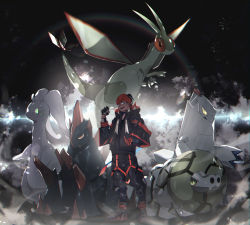 1boy absurdres black_hoodie blue_eyes blush choker commentary_request duraludon earrings flygon gen_3_pokemon gen_5_pokemon gen_6_pokemon gen_8_pokemon gigalith gloves goodra highres holding holding_poke_ball hood hoodie huge_filesize jewelry looking_at_viewer nintendo nose_blush open_mouth orange_headwear pants poke_ball pokemon pokemon_(creature) pokemon_swsh raihan_(pokemon) rainbow sandaconda sava_(sava_023) shoes smile standing teeth tongue ultra_ball