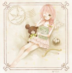 1girl bad_id bad_pixiv_id bear blush book bow braid c_m_m dress egg female_focus green_eyes nest pink_hair solo stuffed_animal stuffed_toy teddy_bear twintails wings
