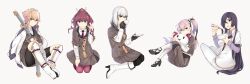 Rule 34 | 5girls, absurdres, bandaged arm, bandages, black footwear, black gloves, black hair, black pantyhose, black shorts, blue eyes, blunt bangs, boots, braid, breasts, brown eyes, brown hair, brown jacket, brown skirt, chopsticks, closed mouth, collared shirt, commentary request, cup, cup ramen, eyes visible through hair, fang, fang out, food, gloves, green nails, grey hair, high heel boots, high heels, highres, holding, holding chopsticks, holding cup, holding food, holding saucer, holding stuffed toy, jacket, jacket on shoulders, jouhou, katana, knee boots, konohana suzuka, large breasts, long hair, long skirt, long sleeves, looking at viewer, medium breasts, multicolored hair, multiple girls, necktie, one side up, open mouth, origami family&#039;s elite guard uniform, origami yukari, pants, pantyhose, pink hair, ponytail, purple eyes, purple shirt, red hair, red necktie, satsuki yomi, saucer, seiza, sheath, sheathed, shidou maki (toji no miko), shirt, short hair, shorts, side braid, sidelocks, sitting, skirt, striped clothes, striped shirt, stuffed toy, sword, thick eyebrows, toji no miko, tsubakuro yume, twirling hair, very long hair, wavy hair, weapon, white background, white footwear, white jacket, white pants, white pantyhose, white shirt, yokozuwari
