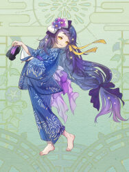 Rule 34 | 1girl, barefoot, black hair, blue kimono, bow, braid, copyright name, dairoku ryouhei, fille meruku, flower, full body, green background, hair bow, hair flower, hair ornament, hair ribbon, highres, holding, holding sandals, japanese clothes, kaji akihiro, kimono, long hair, looking at viewer, low-tied long hair, night, outdoors, ribbon, sandals, solo, standing, very long hair, wide sleeves, yellow eyes, yellow ribbon