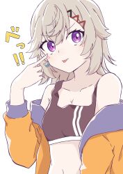 Rule 34 | 1girl, absurdres, akanbe, alternate costume, blonde hair, breasts, cleavage, earrings, eyelid pull, facial mark, hair ornament, hairclip, highres, jacket, jewelry, komori met, looking at viewer, navel, off shoulder, open clothes, open jacket, orange eyes, orange jacket, solo, suika (suica icesoda), tank top, tongue, tongue out, virtual youtuber, vspo!, white background