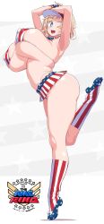 1girl absurdres american_flag american_flag_bikini american_flag_footwear american_flag_legwear american_flag_print american_flag_skirt armpits artist_name belted_skirt bikini blonde_hair blue_eyes blue_shoes breasts colored_eyelashes commentary_request covered_erect_nipples fingerless_gloves flag_print gloves hat highres huge_breasts kneehighs leg_up logo makino_momiji_(artist) multicolored_bikini multicolored_gloves navel one_eye_closed open_mouth original print_bikini print_skirt red_bikini red_hat shadow shoes skindentation skirt socks solo standing standing_on_one_leg star-shaped_pupils star_(symbol) star_print striped_bikini striped_clothes striped_socks swimsuit symbol-shaped_pupils teeth thighs two-tone_bikini upper_teeth_only visor_cap white_bikini