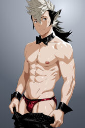 1boy abs animal_ears black_hair commentary fire_emblem fire_emblem_fates highres keaton_(fire_emblem) male_focus mullet multicolored_hair muscular muscular_male nintendo pectorals red_eyes sexyanimes1 solo tail two-tone_hair underwear white_hair wolf_boy wolf_ears wolf_tail