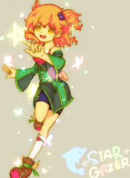 1girl aine_(hoshi_wo_miru_hito) bare_shoulders blue_shorts boots brown_background brown_boots bug butterfly collarbone collared_dress commentary_request copyright_name detached_sleeves dolphin dot_nose drawing_(action) dress eyelashes floating_hair footwear_ribbon full_body green_dress green_ribbon green_sleeves hair_bobbles hair_ornament happy highres hijikimon2mon hoshi_wo_miru_hito insect kneehighs leg_up light_particles long_sleeves looking_at_object medium_hair one_side_up open_mouth orange_hair red_tank_top ribbon short_dress shorts shorts_under_dress simple_background smile socks solo star_(symbol) stargazer_(series) strapless strapless_dress tank_top tareme white_socks wide_sleeves wing_print winged_boots yellow_eyes