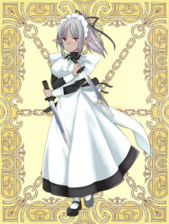 1girl black_shoes dagger dark-skinned_female dark_skin dress dual_wielding holding holding_dagger holding_knife holding_weapon kerberos_blade knife kurutia_dorent long_sleeves maid maid_headdress mary_janes pantyhose red_eyes ricel_(tw) shoes weapon white_pantyhose yellow_background