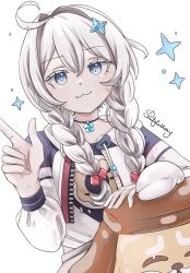 Rule 34 | 1girl, :3, ahoge, artist name, blue eyes, braid, choker, closed mouth, diamond-shaped pupils, diamond (shape), dog, english text, hair between eyes, hair ornament, highres, honkai (series), hood, jacket, kiana kaslana, kiana kaslana (honkai: nexus anima), long hair, long sleeves, looking at viewer, simple background, smile, solo, soulgluttony, star (symbol), symbol-shaped pupils, twin braids, v, white background, white hair, white jacket