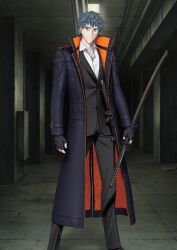 1boy aqua_hair arms_at_sides bags_under_eyes black_gloves black_jacket black_pants black_suit brown_eyes buttons closed_mouth coat collared_shirt dress_pants dress_shirt fate/grand_order fate_(series) feet_out_of_frame fingerless_gloves formal_clothes game_cg gloves holding holding_sheath holding_sword holding_weapon ikezawa_shin jacket katana legs_apart long_coat long_sleeves looking_at_viewer male_focus official_art open_clothes open_coat orange_coat pants partially_unbuttoned purple_coat saitou_hajime_(fate) sheath sheathed shirt short_hair smile solo standing suit suit_jacket sword third-party_source two-sided_coat two-sided_fabric variant_set weapon white_shirt wing_collar