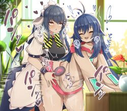 1futa 1girl :o ahoge apron black_choker black_dress blue_dress blue_hair blush breasts brown_shirt choker closed_eyes clothed_sex commission dress futa_with_female futanari hair_between_eyes hair_ornament hairclip heart highres implied_futanari indoors large_breasts leaf long_hair long_sleeves maid maid_apron maid_headdress motion_lines multicolored_dress open_mouth orein original pussy_juice rolling_eyes sex shirt sidelocks skeb_commission smile standing standing_sex teeth torso_grab upper_teeth_only variant_set vase white_dress window