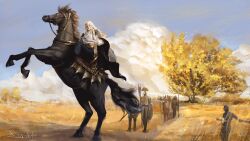 1boy absurdres adora_zhang armor artist_name autumn_leaves black_cape black_horse black_pants blonde_hair blue_sky cape chinese_commentary cloud cloudy_sky commentary elden_ring english_commentary full_armor godwyn_the_golden highres horseback_riding leaf long_hair looking_at_viewer male_focus mixed-language_commentary pale_skin pants people riding robe shield sky tree white_robe