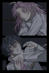 Rule 34 | 2boys, absurdres, black hair, capelet, chinese commentary, chunaizhanshi23057, closed mouth, colored eyelashes, commentary request, crying, crying with eyes open, curtained hair, drooling, empty eyes, gold trim, grey eyes, hair between eyes, hatsutori hajime, highres, long hair, long sleeves, male focus, multiple boys, parted bangs, pink hair, red eyes, saibou shinkyoku, saliva, shirt, short hair, speech bubble, strangling, tears, utsugi noriyuki, white capelet, white shirt