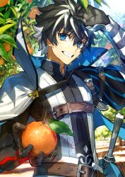 Rule 34 | 1boy, arm belt, arm up, armor, armored gloves, asymmetrical armor, asymmetrical sleeves, belt, black gloves, black hair, black shirt, blue eyes, bracer, brown belt, capelet, charlemagne (fate), charlemagne (first ascension) (fate), chest belt, collared capelet, diffraction spikes, fate/grand order, fate (series), food, fruit, game cg, gauntlets, glint, gloves, grin, hair between eyes, hand up, high collar, holding, holding food, holding fruit, long sleeves, looking at viewer, male focus, multicolored hair, nature, official art, orange (fruit), outdoors, puffy sleeves, sheath, sheathed, shirt, short hair, single bracer, single gauntlet, smile, solo, spiked hair, streaked hair, sunlight, sweat, sweater guard, teeth, third-party source, two-sided capelet, two-tone hair, upper body, wada arco, white armor, white capelet, white hair, wiping forehead