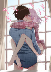 1boy 1girl absurdres aijou_rentarou barefoot blue_shirt blush bottomless brown_hair commentary couple curtains hair_down heart heart-shaped_pupils hetero highres hug indoors kimi_no_koto_ga_dai_dai_dai_dai_daisuki_na_100-nin_no_kanojo kiss leg_lock long_sleeves medium_hair momi_momiji morning petite pink_eyes pink_hair pink_shirt plaid_clothes plaid_shirt saliva sex shashadog18 shirt suspended_congress symbol-shaped_pupils testicles unmoving_pattern window