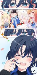 Rule 34 | 5girls, absurdres, birthday cake, black hair, blonde hair, blue eyes, blue hair, blue nails, blush, cake, closed eyes, closed mouth, food, fortissimo, gift, grey hair, hair ornament, hair ribbon, hairpin, highres, hiodoshi ao, hiodoshi ao (1st costume), holding, holding gift, hololive, hololive dev is, ichijou ririka, ichijou ririka (1st costume), jewelry, juufuutei raden, juufuutei raden (1st costume), kentotto, long hair, looking at viewer, medium hair, multicolored hair, multiple girls, musical note, musical note hair ornament, nail polish, one eye closed, one side up, open mouth, orange eyes, orange hair, otonose kanade, otonose kanade (1st costume), pink shirt, purple hair, red ribbon, regloss (hololive), ribbon, ring, shirt, short hair, smile, streaked hair, tears, teeth, todoroki hajime, todoroki hajime (1st costume), two side up, upper teeth only, virtual youtuber