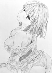 1girl absurdres arched_back arm_at_side ass breasts closed_mouth clothes_lift commentary_request eyelashes from_above from_behind graphite_(medium) greyscale highres japanese_clothes kimono kimono_lift large_breasts lensia looking_at_viewer looking_back looking_up median_furrow medium_hair monochrome off_shoulder original panties print_kimono shoulder_blades smile solo standing traditional_media turning_head underwear yukata