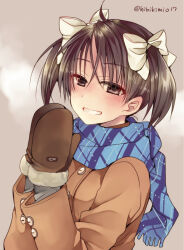 1girl black_hair blush bow clip_studio_paint_(medium) coat ever_17 hair_bow hibiki_mio matsunaga_sara mittens open_mouth scarf short_hair short_twintails smile solo twintails winter_clothes winter_coat