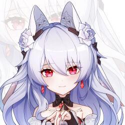 Rule 34 | 1girl, absurdres, ang55523671, bare shoulders, bat tattoo, chest tattoo, closed mouth, commentary request, detached collar, earrings, flower, hair flower, hair ornament, hand up, highres, honkai (series), honkai impact 3rd, jewelry, light blush, long hair, looking at viewer, official alternate costume, partial commentary, portrait, red eyes, ring, rose, smile, solo, tattoo, theresa apocalypse, theresa apocalypse (luna kindred), theresa apocalypse (lunar vow: crimson love), theresa apocalypse (till death do us part), white flower, white hair, white rose, zoom layer