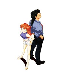 1boy 1girl amondetauro back-to-back black_hair black_pants blue_shirt breasts crop_top from_above full_body grin hands_in_pockets hands_on_own_hips highres interface_headset_(evangelion) kaji_ryouji long_hair looking_at_viewer low_ponytail midriff navel neon_genesis_evangelion orange_hair pants ponytail sandals shirt short_shorts shorts simple_background small_breasts smile souryuu_asuka_langley standing white_background white_sandals white_shorts