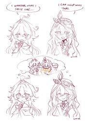 Rule 34 | 2girls, ahoge, biting, biting arm, blush, chibi, chibi only, closed eyes, commentary, english commentary, genshin impact, hair between eyes, hood, how i taste (meme), long hair, meme, messy hair, monochrome, multiple girls, naberius (genshin impact), open mouth, rhinedottir (genshin impact), siwhim, smile, speech bubble, thinking, thought bubble, upper body, veil, yellow blood