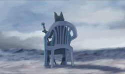 1girl above_clouds absurdres animal_ears artist_name black_hair black_skirt boots braid cloud cloudy_sky commentary english_commentary fox_ears fox_girl from_behind full_body gauntlets green_jacket half_up_braid high_heel_boots high_heels highres hoshimi_miyabi jacket long_hair meme monobloc_(chair) obossoss on_chair outdoors sheath sheathed single_gauntlet sitting skirt sky solo sword vergil&#039;s_chair_(meme) weapon zenless_zone_zero
