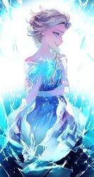 1girl bad_id bad_pixiv_id blonde_hair blue_eyes braid elsa_(frozen) female_focus frozen_(disney) gradient_background hair_over_shoulder hand_on_own_chest highres panbukin single_braid solo tears upset