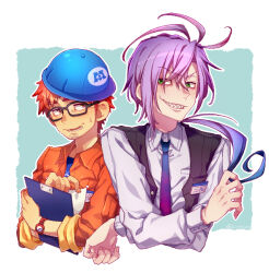 Rule 34 | 2boys, black vest, blue necktie, border, clipboard, cropped torso, facial hair, fingernails, fungus (monsters inc.), glasses, goatee stubble, gradient necktie, green eyes, hair between eyes, holding, holding clipboard, humanization, jacket, kiri futoshi, looking at viewer, male focus, monsters inc., multiple boys, name tag, necktie, nervous, orange jacket, ponytail, purple hair, randall boggs, red hair, sharp teeth, short hair, stubble, sweatdrop, teeth, vest, watch, white border, wristwatch