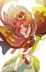 0kami_89zo 1girl absurdres beni-enma fate/grand_order fate_(series) feather_trim highres holding holding_sword holding_weapon katana low_ponytail platform_sandals ponytail red_eyes red_hair sandals sword weapon wide_sleeves