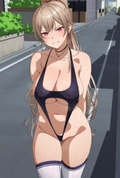 1girl alternate_costume areola_slip arms_behind_back black_choker black_slingshot_swimsuit blush breasts breath brown_hair choker cleavage collarbone commentary covered_erect_nipples cowboy_shot day double-parted_bangs fuooooo furen_e_lustario grin hair_ribbon highres large_breasts long_hair looking_at_viewer navel nijisanji outdoors ponytail public_indecency red_eyes red_ribbon revealing_clothes ribbon road slingshot_swimsuit smile solo standing steaming_body street sweat swimsuit thigh_gap thighhighs virtual_youtuber white_thighhighs