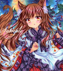 Rule 34 | 1girl, :o, animal ear fluff, animal ears, blush, brown hair, commentary request, dress, embellished costume, frilled sleeves, frills, full moon, imaizumi kagerou, long hair, long sleeves, looking at viewer, marker (medium), moon, red eyes, red nails, rui (sugar3), sample watermark, solo, tail, touhou, traditional media, upper body, very long hair, watermark, white dress, wide sleeves, wolf ears, wolf girl, wolf tail
