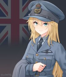 1girl absurdres aqua_eyes artist_name black_necktie blonde_hair blue_hat blue_jacket blue_shirt closed_mouth commentary dress_shirt flag_background hair_between_eyes hat highres jacket leochan1202 long_hair long_sleeves looking_at_viewer military military_uniform necktie original royal_air_force shirt smile solo union_jack upper_body world_war_ii