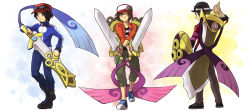 10s 1boy aegislash alternate_costume black_hair blue_eyes calem_(pokemon) creatures_(company) doublade dual_wielding evolutionary_line game_freak gen_6_pokemon hat hk_(nt) holding honedge multiple_persona nintendo pokemon pokemon_(creature) pokemon_xy sheath shield smile sunglasses sword unsheathing weapon yellow_eyes