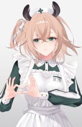 1girl absurdres animal_ears apron breasts brown_hair center_frills closed_mouth crossed_bangs double-parted_bangs dress four-finger_heart_hands frilled_apron frills green_dress green_eyes hair_between_eyes hair_ribbon hat heart heart_hands highres indie_virtual_youtuber kaeha long_sleeves looking_to_the_side medium_breasts moechakkafire name_tag nimi_nightmare nurse nurse_cap one_side_up ribbon short_hair simple_background sleeve_cuffs sleeve_slit solo tapir_ears tapir_girl virtual_youtuber white_apron white_ribbon