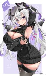1girl :q absurdres amane_konata angel angel_wings armpits black_thighhighs breasts cleavage cleavage_cutout clothing_cutout colored_inner_hair cowboy_shot detached_sleeves grey_hair halo heart highres hololive inokeiwd large_breasts long_hair multicolored_hair open-chest_sweater presenting_armpit purple_eyes purple_hair signature skindentation solo spoken_heart star_halo sweater thighhighs tongue tongue_out two_side_up very_long_hair virtual_youtuber wings