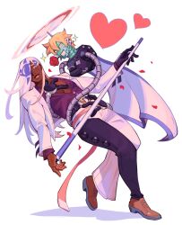 2boys absurdres black_gloves black_pants blonde_hair blue_eyes brown_shoes colored_eyelashes commentary couple cue_stick dark-skinned_male dark_skin dip_(dance_move) english_commentary eye_contact flower flower_in_mouth gender_transitioning gloves grin guilty_gear guilty_gear_strive heart highres holding holding_cue_stick leaning_back long_hair looking_at_another male_focus mastectomy_scar multiple_boys pants propeller purple_shirt robo-ky robot rose scar scar_on_chest shirt shoes short_hair simple_background single_glove smile sorrysap sparkle two-tone_pants venom_(guilty_gear) white_background white_hair white_pants yaoi