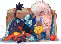... animal_focus black_fur blue_eyes brown_fur colored_sclera commentary_request dog game_freak gen_7_pokemon litten nintendo no_humans pokemon pokemon_(creature) red_eyes red_fur rockruff simple_background snout spoken_ellipsis sweat tail torisan_7_7 whiskers white_background yellow_sclera