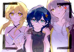Rule 34 | 3girls, bare shoulders, belle (zenless zone zero), blonde hair, blue eyes, blue hair, genshin impact, grey hair, highres, honkai: star rail, honkai (series), jacket, long hair, lumine (genshin impact), multiple girls, short hair, smile, stelle (honkai: star rail), trailblazer (honkai: star rail), tuha16, yellow eyes, zenless zone zero