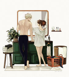 1boy 1girl absurdres barefoot black_pants bottle brown_hair couple grey_hair hair_between_eyes hair_dryer hand_on_another&#039;s_cheek hand_on_another&#039;s_face hetero highres holding holding_toothbrush indoors laundry_basket long_hair love_and_deepspace nijinoji no_pants pants parted_lips plant ponytail potted_plant protagonist_(love_and_deepspace) shirt short_hair smile table toothbrush topless_male towel twitter_username vanity_table white_shirt xavier_(love_and_deepspace)