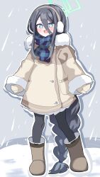1girl :d absurdly_long_hair absurdres aqua_eyes aqua_halo aris_(blue_archive) aris_(winter)_(blue_archive) arms_at_sides black_pantyhose blue_archive blue_scarf blush boots bright_pupils brown_boots brown_coat brown_hairband brown_mittens buttons clenched_hands coat commentary_request dot_nose drop_shadow earmuffs eyes_visible_through_hair full_body fur-trimmed_coat fur-trimmed_sleeves fur_trim grey_hair hair_between_eyes hairband halo highres hood hood_down hooded_coat korean_commentary long_bangs long_hair long_hair_between_eyes long_sleeves low-braided_long_hair low-tied_long_hair miniskirt mittens mixed-language_commentary mouth_visible_through_hair official_alternate_costume official_alternate_hairstyle open_mouth outline pantyhose parted_bangs pigeon-toed plaid_clothes plaid_scarf pleated_skirt pocket rectangular_halo rieana ringed_eyes scarf sidelocks skirt smile snow snowing solo standing v-shaped_eyebrows very_long_hair white_outline white_pupils white_skirt wide_sleeves winter winter_clothes winter_coat