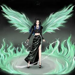 Rule 34 | 1girl, black hair, black shoes, black skirt, commentary, crop top, crown, english commentary, fire, full body, highres, holding, holding sword, holding weapon, k-pop, long hair, long sleeves, moosquitie, real life, red velvet (group), seulgi (red velvet), shoes, side slit, skirt, solo, sparkle, sword, weapon, wings