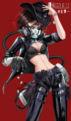 1girl adjusting_clothes adjusting_headwear belt belt_pouch bracelet brown_hair coin contrapposto cowboy_hat cyberpunk gas_mask hair_between_eyes hat highres jewelry latex latex_jacket latex_legwear latex_pants latex_top looking_at_viewer mask midriff navel original oxygen_tank pouch prosthesis prosthetic_arm red_background red_eyes respirator ring shiny_clothes skin_tight sleeves_rolled_up slit_pupils solo thigh_pouch tube unzipped whip xxx2333 zipper