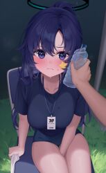 1boy 1girl :s absurdres between_legs blue_archive blue_buruma blush bottle bottle_to_cheek breasts buruma chair gym_shirt gym_uniform halo hand_between_legs highres holding holding_bottle id_card lanyard large_breasts long_hair looking_at_viewer medium_breasts official_alternate_costume on_chair ponytail pov purple_eyes purple_hair reel_(riru) shirt short_sleeves sitting solo_focus star_sticker sticker_on_face sweat water_bottle yuuka_(blue_archive) yuuka_(track)_(blue_archive)